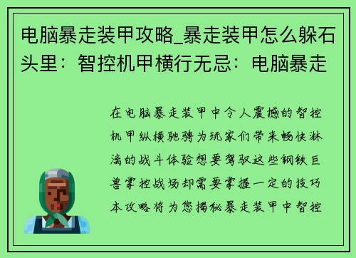 电脑暴走装甲攻略_暴走装甲怎么躲石头里：智控机甲横行无忌：电脑暴走装甲制霸攻略